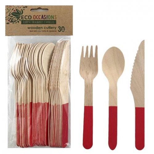 Eco Friendly Birchwood Wooden Cutlery Set With Red Accent - Party Affair