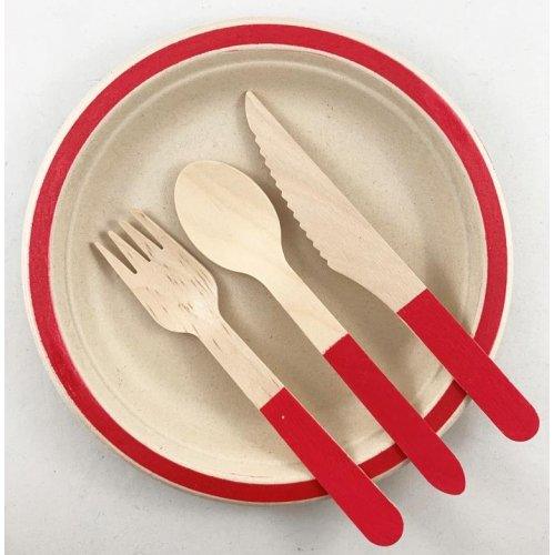 Eco Friendly Birchwood Wooden Cutlery Set With Red Accent - Party Affair