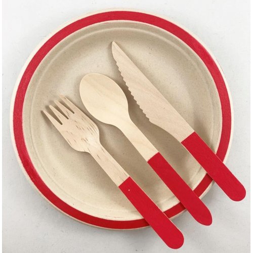 Eco Friendly Birchwood Wooden Cutlery Set With Red Accent