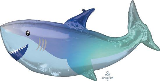 Shark Foil Balloon Supershape by Anagram, metallic foil balloon shaped like a friendly shark for celebrations.