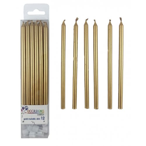 Gold Metallic Slim Candles With Holders