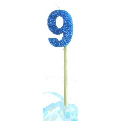 Blue Glitter Number 9 Nine Candle - Party Affair