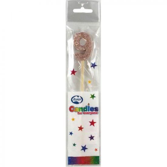 Rose Gold Glitter Number 9 Nine Candle - Party Affair