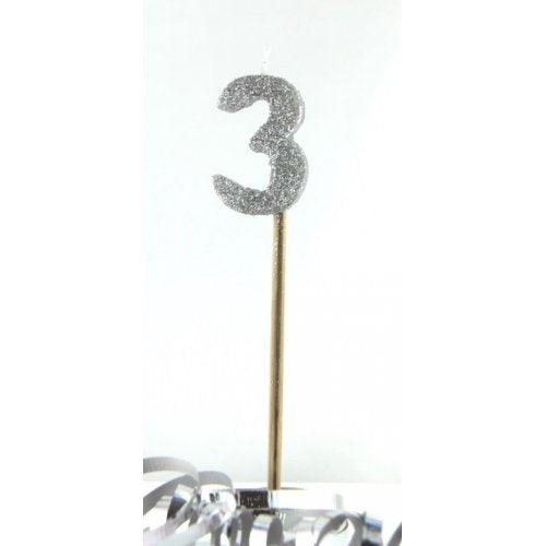 Silver Glitter Number 3 Three Candle - Party Affair