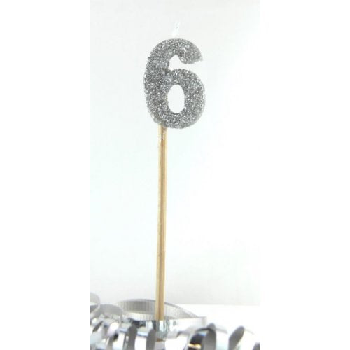 Silver Glitter Number 6 Six Candle