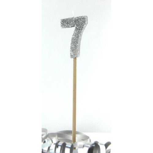 Silver Glitter Number 7 Seven Candle