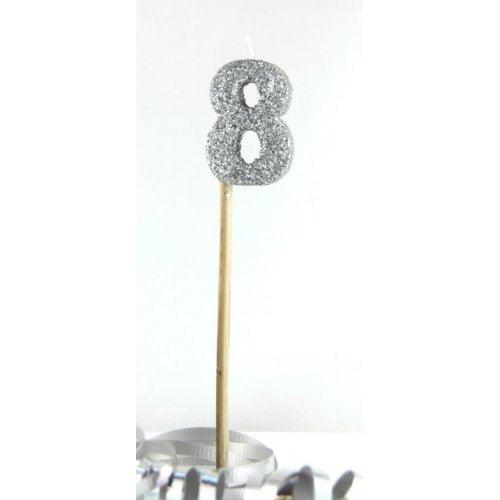 Silver Glitter Number 8 Eight Candle - Party Affair