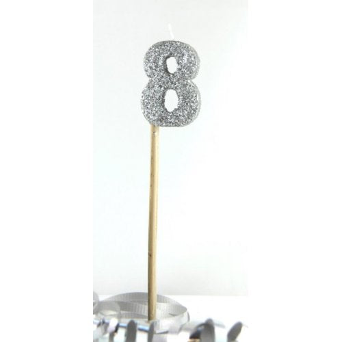 Silver Glitter Number 8 Eight Candle