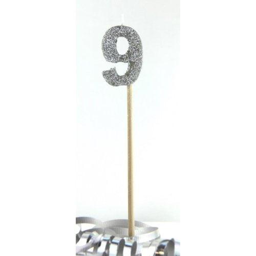 Silver Glitter Number 9 Nine Candle - Party Affair