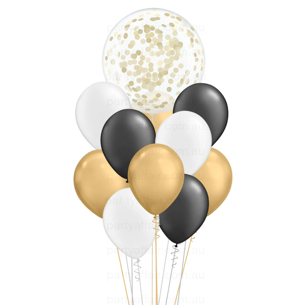 Lots of Black, White & Gold Confetti Mini Jumbo Balloon Bouquet