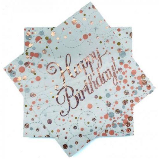 Sparkling Rose Gold Happy Birthday Lunch Serviettes - Party Affair