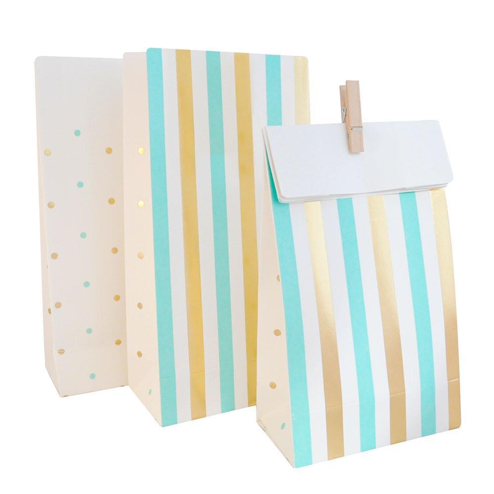 Gold and Mint Stripes and Dots Treat Bags - Party Affair