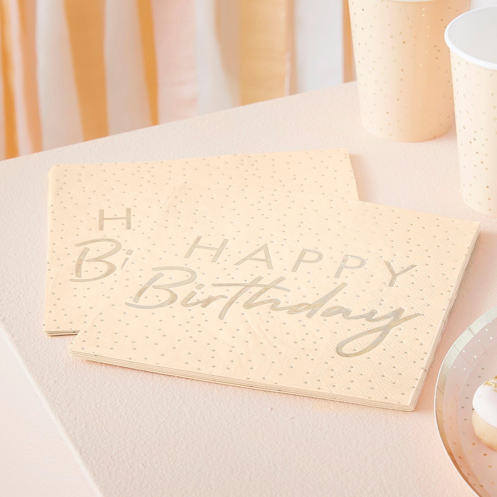 Peach & Gold Happy Birthday Dotty Paper Lunch Napkins - Party Affair