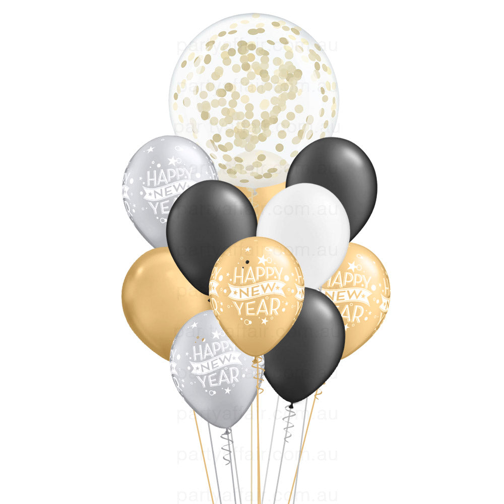 Happy New Year Black, White, Silver & Gold Confetti Mini Jumbo Balloon Bouquet