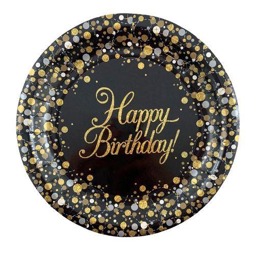 Sparkling Black & Gold Happy Birthday Dinner Plates - Party Affair