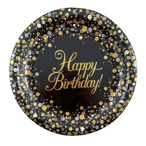 Sparkling Black & Gold Happy Birthday Dinner Plates