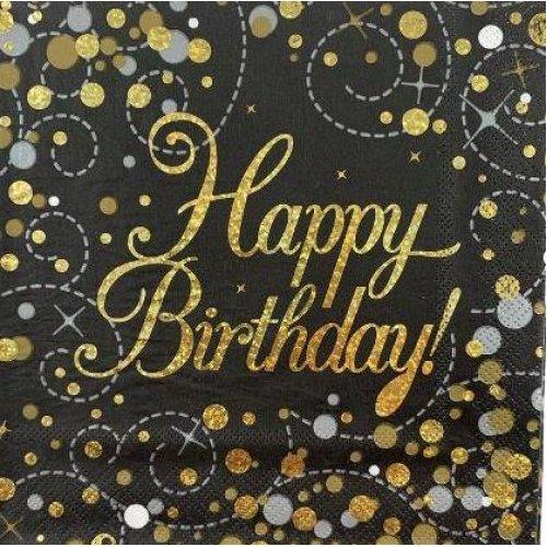 Sparkling Black & Gold Happy Birthday Lunch Serviettes - Party Affair