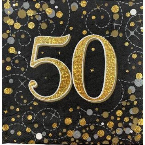 Sparkling Black & Gold 50th Birthday Lunch Serviettes
