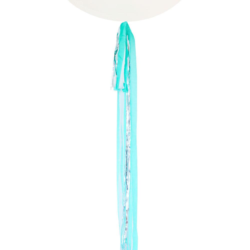 Silver Foil, White & Turquoise Streamer Balloon Tail - Party Affair