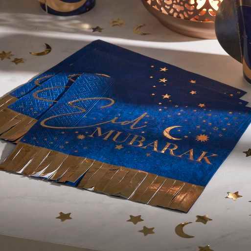 Gold Foiled Eid Mubarak Fringe Paper Lunch Napkins - Party Affair