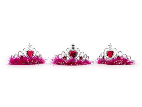 Silver Tiara With Pink Heart Gems & Pink Fur