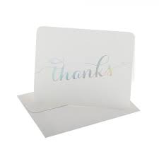 white with silver 'thanks' thank you cards